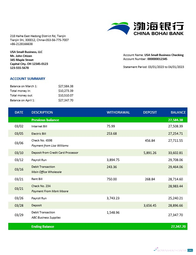 Download China Bohai Bank business statement Word and PDF template Photoshop template